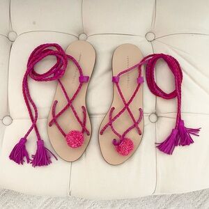 Loffler Randall Pink PomPom Leather Braided Sandals